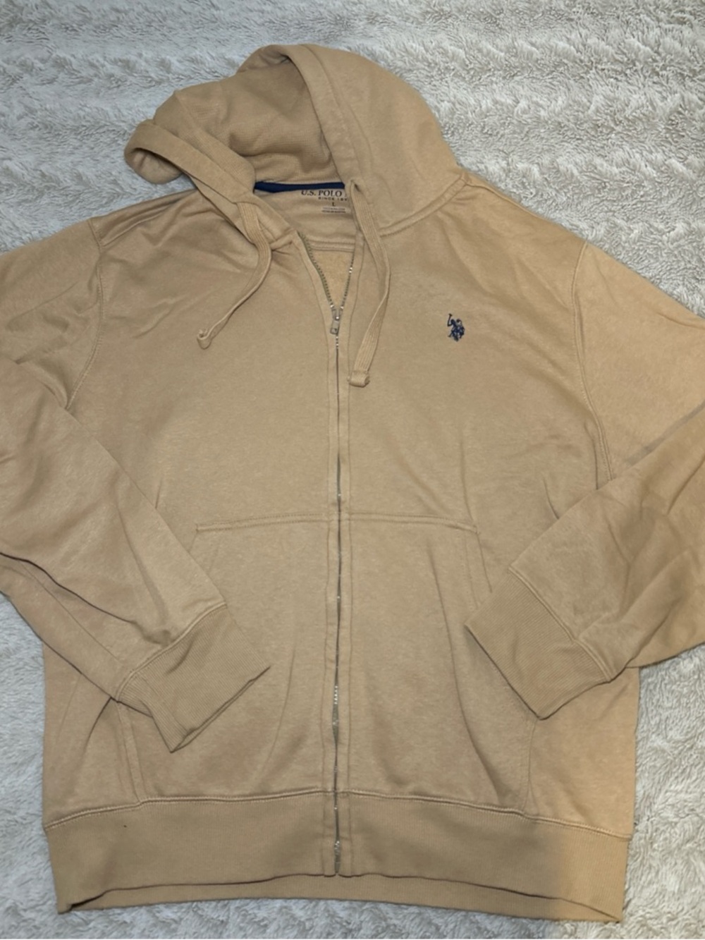 U.S. Polo Assn. Men's Beige Zip-Up Hoodie with Navy Logo